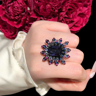 施普雷矢车菊宝石戒指古董感镀18K金鸢尾紫花朵大克拉戒指百搭
