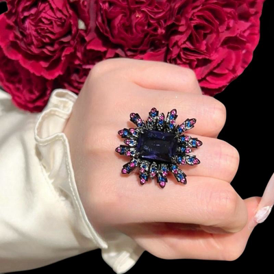 施普雷矢车菊宝石戒指古董感镀18K金鸢尾紫花朵大克拉戒指百搭