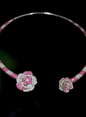 珠宝 多巴胺胭脂粉山茶花宝石项圈 高定珠宝 宫廷玫瑰花手镯套装