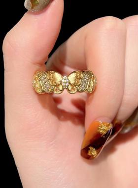 古法金玫瑰花丝蝴蝶珐琅戒指
