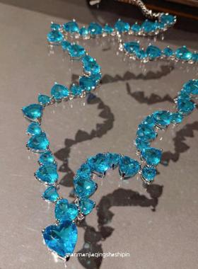 复古油画蓝色爱心宝石吊坠锆石锁骨链 镀18K金水蜜桃心彩宝项链女