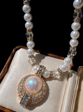 高级方糖宝石珍珠项链Vintage镀18K金镜面光珠锆石耳环时尚百搭