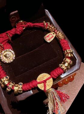 古法金色 锤揲盘缠古币红绳手串 新中式 镀18K金蝴蝶锆石戒指百搭