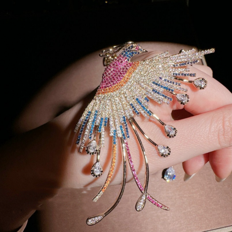 富丽堂皇彩虹凤凰宝石胸针 Vintage 镀18K金 翅膀水滴锆石胸针