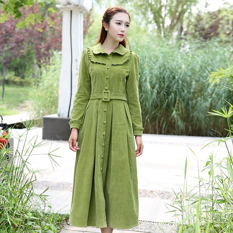 文艺新款全棉灯芯绒修身风连衣裙