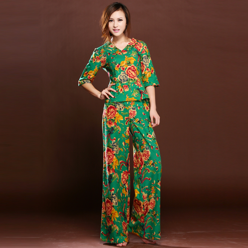 文艺民族风大花v领清仓款阔腿裤