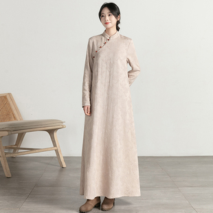 复古文艺民族风秋冬纯棉提花米白色连衣裙女宽松显瘦袍子长袖长裙