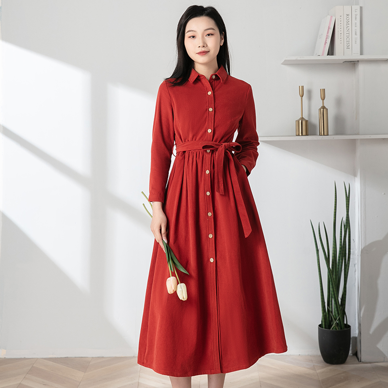 春秋复古文艺橘红色纯棉灯芯绒连衣裙女装风衣款修身显瘦开衫长裙