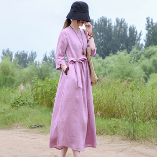 纯色亚麻连衣裙女装秋款宽松显瘦气质复古文艺七分袖腰带百褶长裙