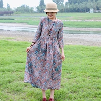 2019 đầu thu của phụ nữ retro văn học ramie in áo choàng mỏng cổ tròn vẽ váy dài - Váy dài váy dài