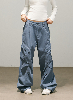 SMILE DDD法工蓝大口袋工装裤双褶宽松显瘦遮肉女秋冬百搭休闲裤