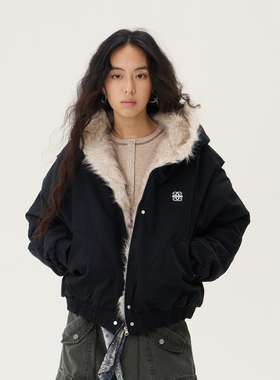 SMILE DDD座山雕棉服美式复古毛领连帽开衫宽松重磅冬季保暖外套