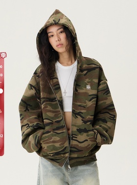 SMILE DDD迷彩开衫女拉链美式街头嘻哈复古街头外套宽松连帽卫衣