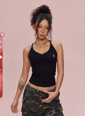 SMILE DDD挂脖吊带背心短款修身运动内衣美式辣妹黑色爵士上衣