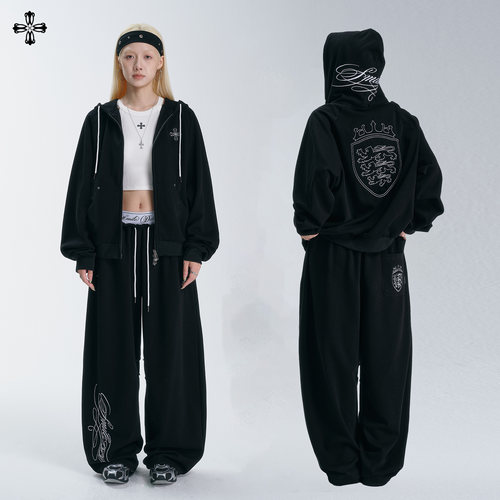复古宽松连帽卫衣阔腿裤运动套装