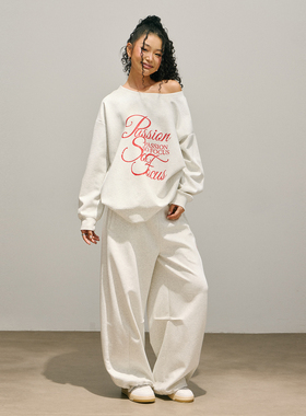 SMILE DDD斜肩套装米白色220g亲肤舒适透气卫衣美式休闲慵懒卫裤