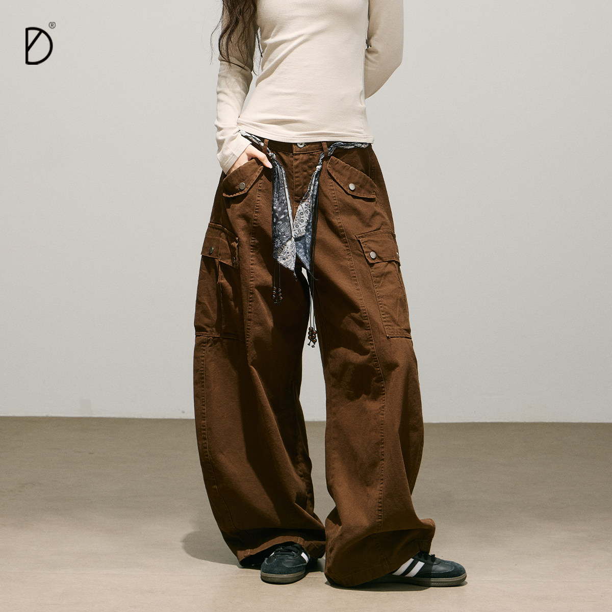 腰果花系带工装裤女多口袋秋冬