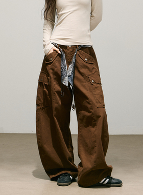 SMILE DDD美式腰果花系带工装裤女弯刀多口袋解构秋冬降落伞裤