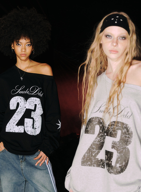 SMILEDDD【月缺】23斜肩卫衣宽松落肩长袖美式街头辣妹女跳舞上衣