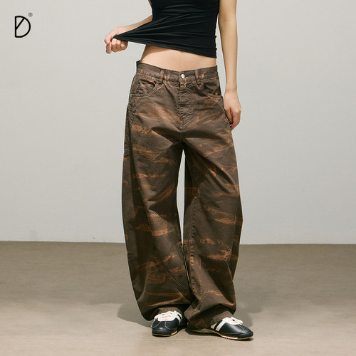 阿苏特泥染工装裤秋冬女弯刀长裤