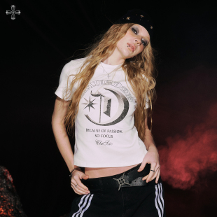 月球夏季 正肩短袖 美式 短款 显瘦街舞辣妹T恤 SMILE 露腰修身 DDD