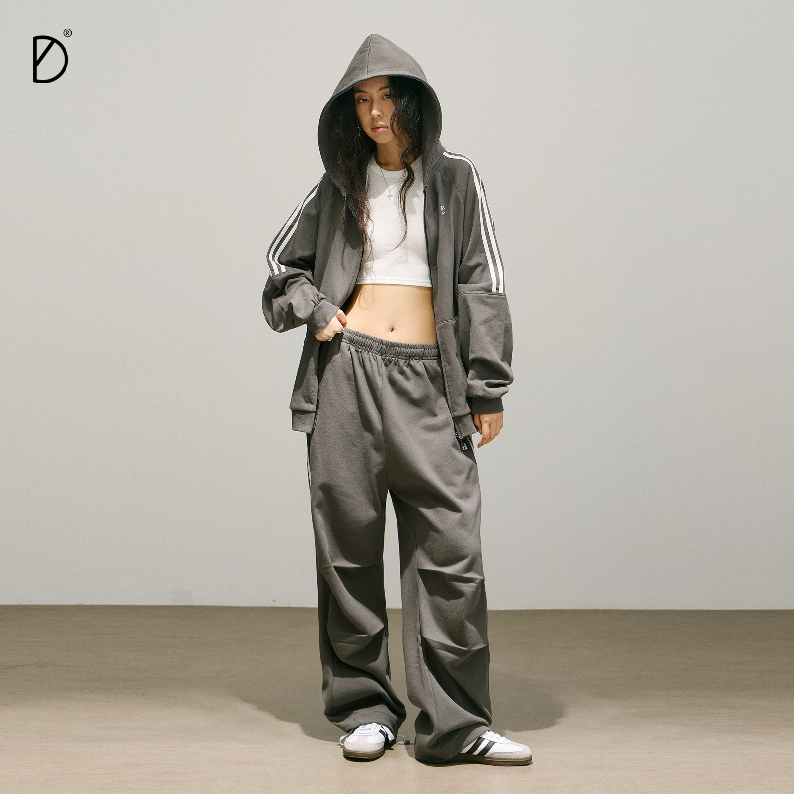 SMILE DDD条纹开衫卫衣春季新款宽松美式复古撞色卫裤女运动套装