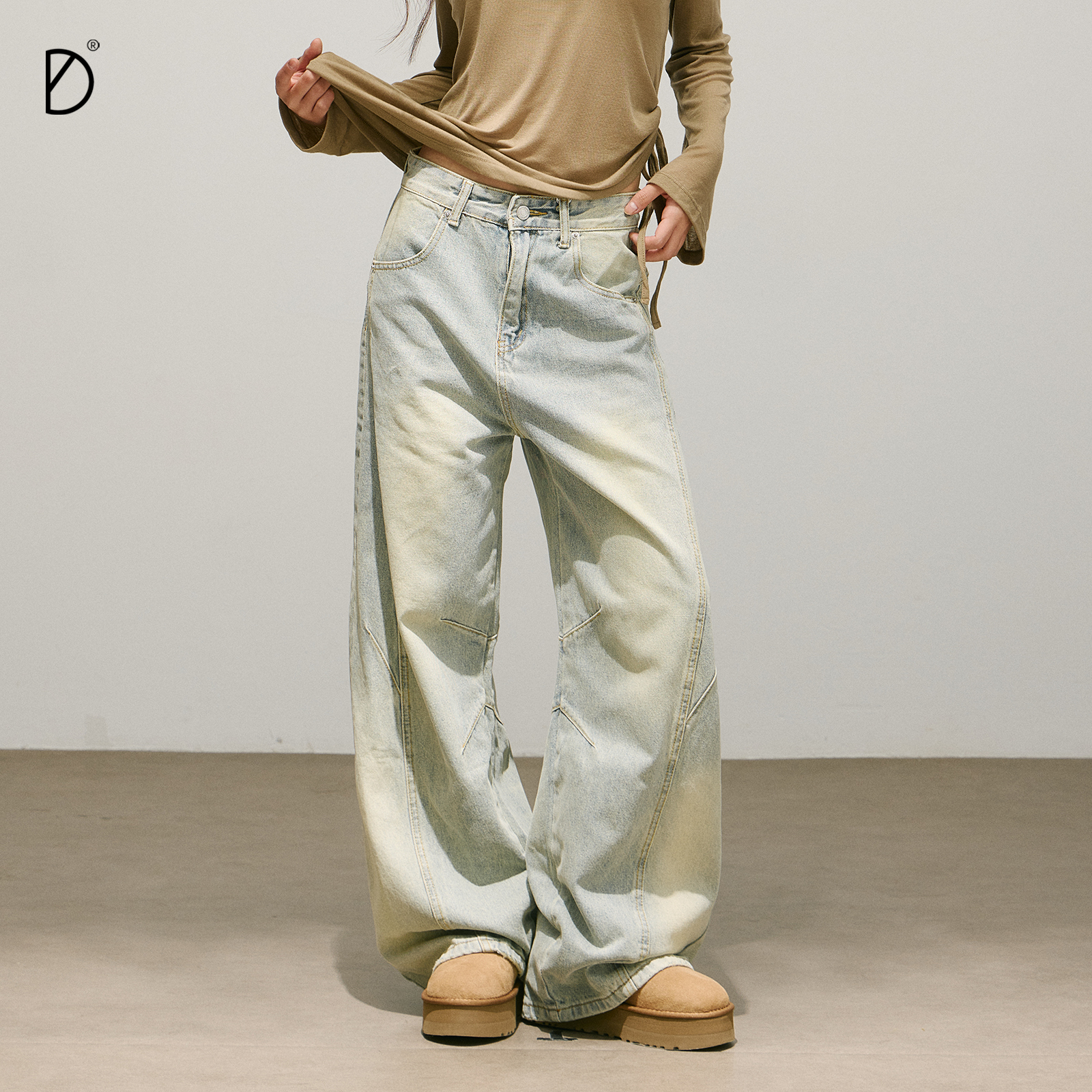 SMILE DDD弯刀牛仔裤女宽松分割线水洗磨白做旧美式阔腿显瘦长裤