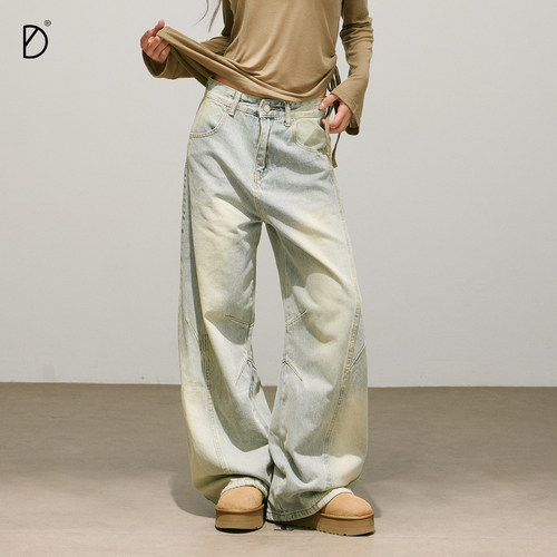 SMILE DDD弯刀牛仔裤女宽松分割线水洗磨白做旧美式阔腿显瘦长裤