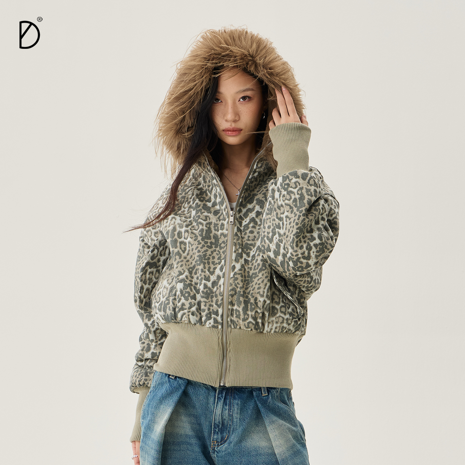 豹纹森林棉服收腰显瘦连帽冬季