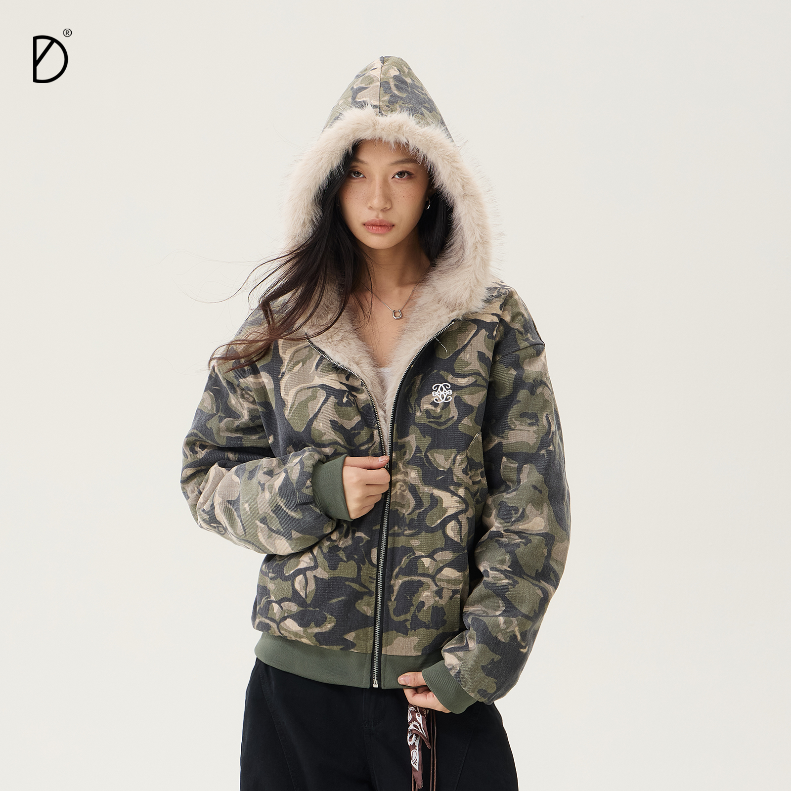 SMILE DDD迷彩座山雕棉服复古做旧毛领开衫宽松美式保暖连帽外套