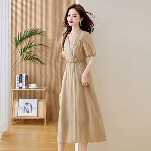 韩版 高端品牌连衣裙2024夏季 女装 V领泡泡袖 新款 气质长裙显瘦裙子