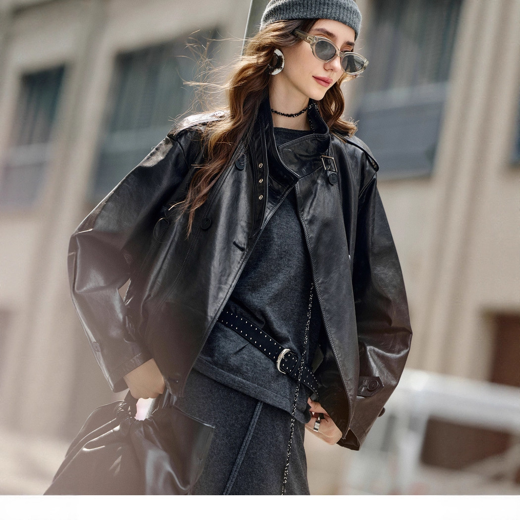 今年流行特惠反转巴黎 皮衣女宽松廓形时髦真皮皮衣飞行夹克
