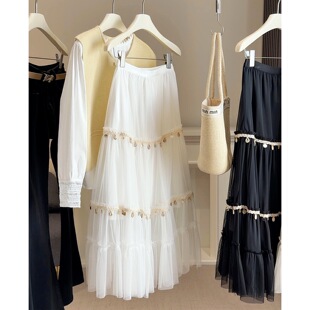杏色波西米亚珠片网纱半身裙女春夏新款 贝壳亮片流苏设计感大摆裙