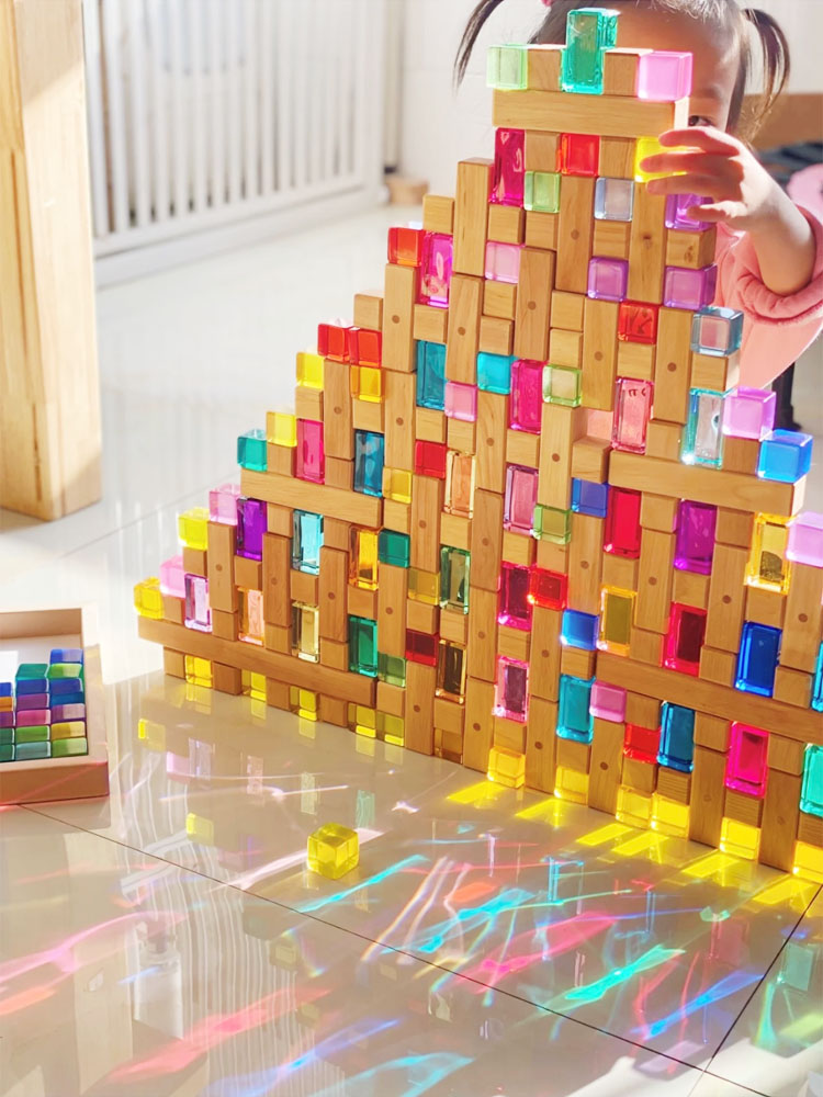 幼儿园蒙氏早教玩具益智感官彩虹方块立体提宝石积木大颗粒拼装