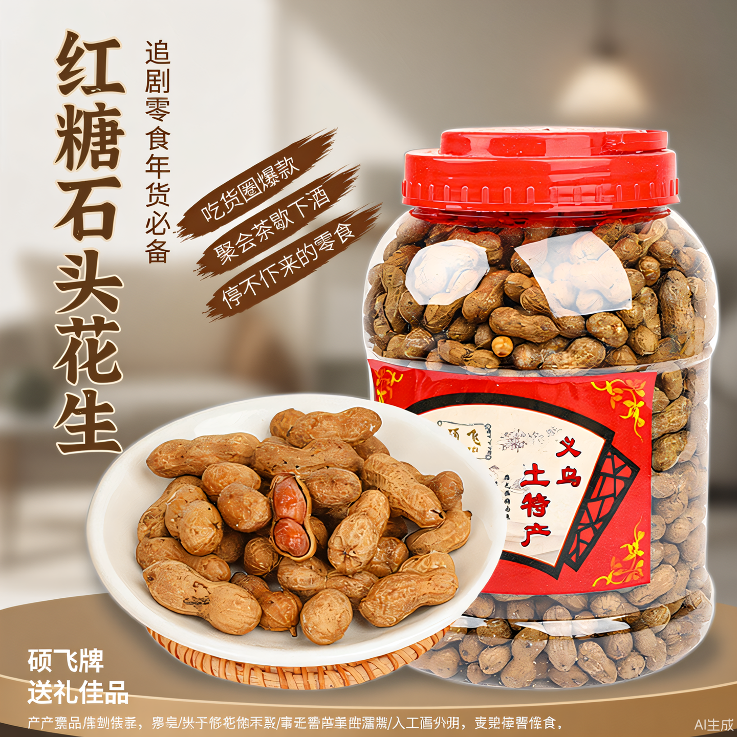 新货爆款石头红糖熟花生米小粒陈皮带壳烘干焦糖味糖果特产甜零食