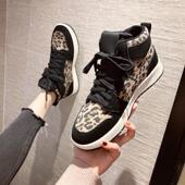 女平底2025秋冬新款 韩版 豹纹高帮鞋 真皮休闲鞋 百搭加绒运动板鞋 潮