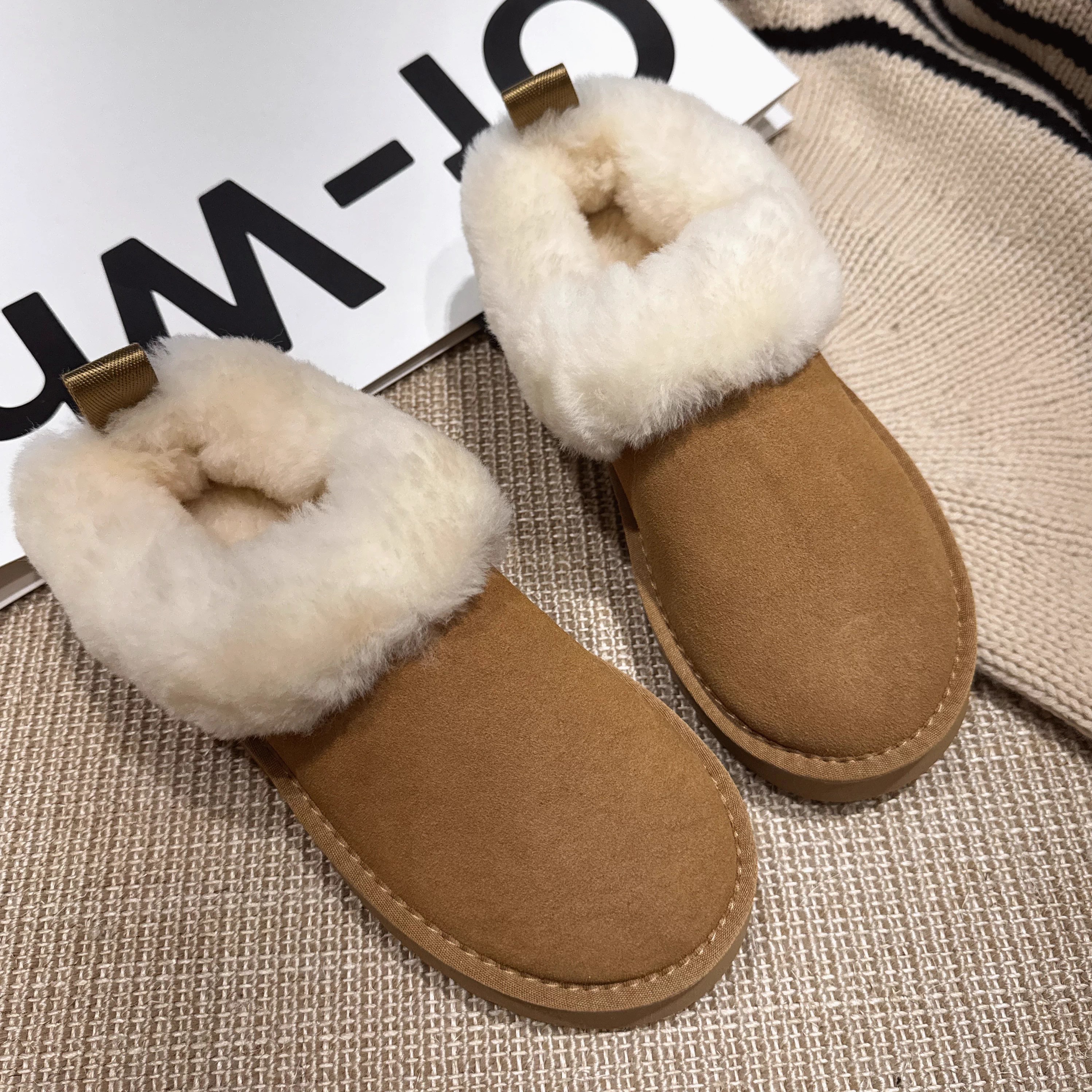 真皮厚底低帮雪地靴女2025新款冬季皮毛一体加绒毛毛保暖棉鞋短靴