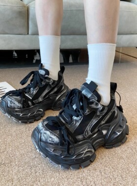 厚底老爹鞋女款2025新款配阔腿裤真皮复古做旧擦色松糕增高休闲鞋