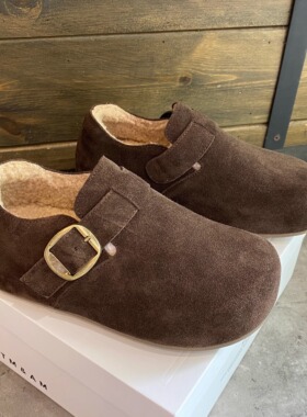 厚底加绒勃肯鞋女2025秋冬新款真皮全包增高一脚蹬豆豆鞋保暖棉鞋