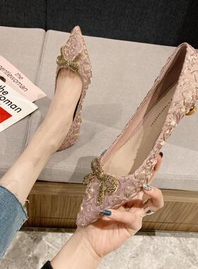 2025年春秋新款气质法式小跟鞋3厘米高跟鞋女尖头水钻蝴蝶结单鞋