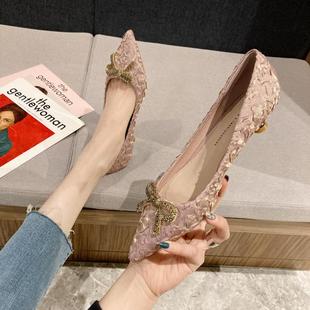 2025年春秋新款气质法式小跟鞋3厘米高跟鞋女尖头水钻蝴蝶结单鞋