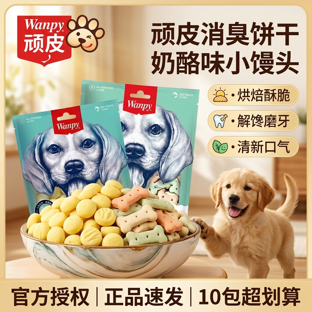 Wanpy顽皮狗狗零食消臭饼干奶酪味小馒头成幼犬磨牙训练奖励零食