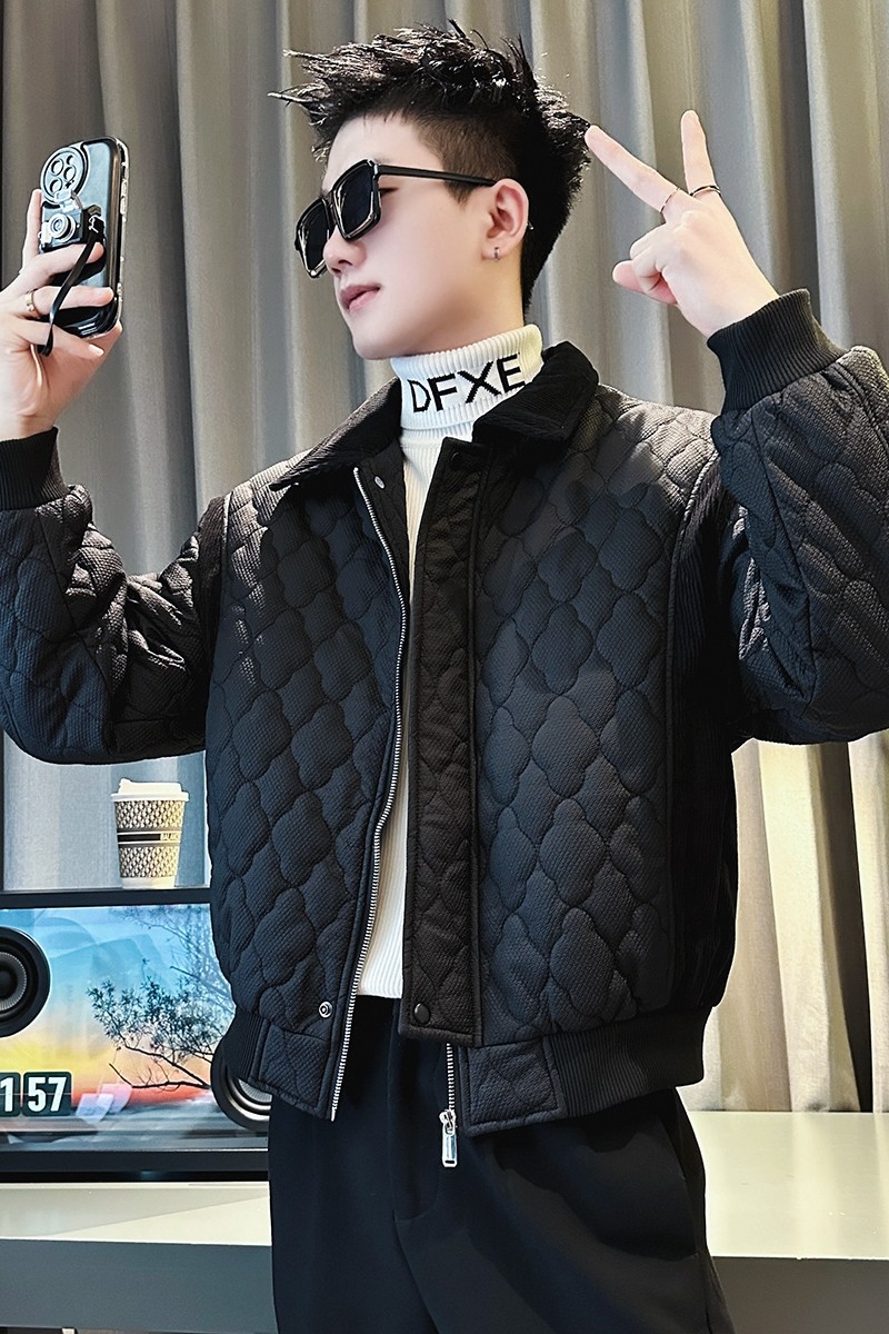 CF72-P135控175社会小伙翻领ins衣外套修身服男黑1,男装棉衣,电商A343