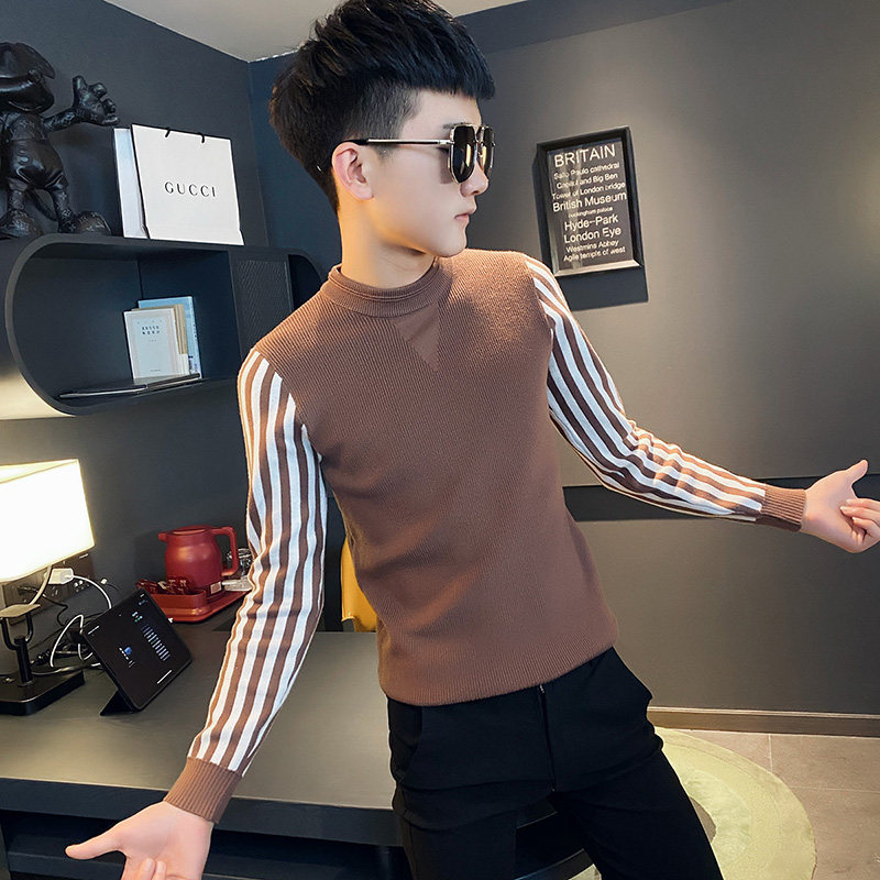 社会小伙条纹拼接针织加厚半高领毛线衣男潮A343-MY91-P75咖，男装针织衫/毛衣，电商A343