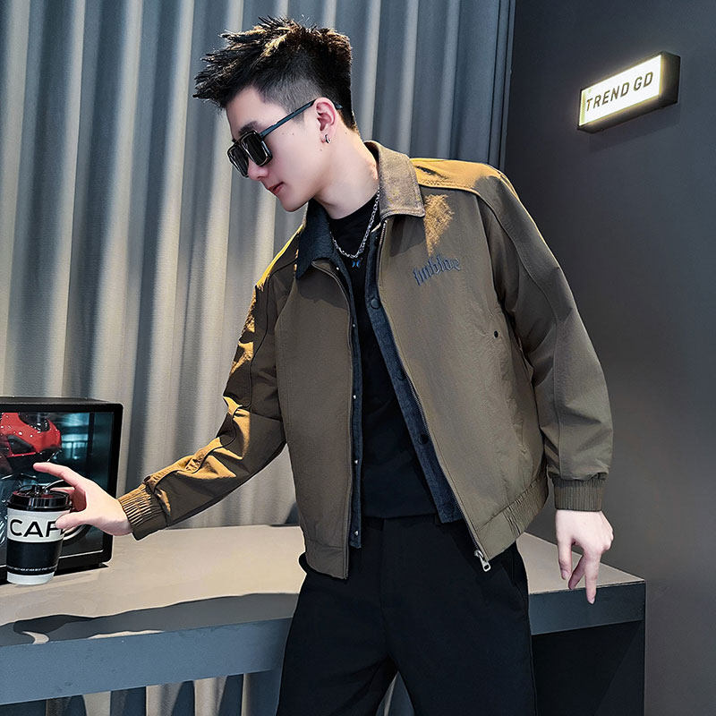 JK220-P108 控148 秋冬新款社会小伙假两件夹克拼牛仔外套 咖图片