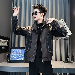 JK240-P128 控168 秋冬新款小伙店主风拼牛仔皮衣夹克男外套 黑图片