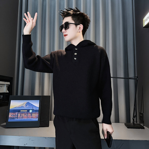 MY200-P78 控108 社会小伙店主风连帽毛衣打底男针织衫线衣 深灰1图片