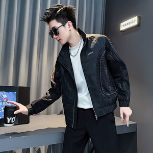 JK240-P128 控168 秋冬新款小伙店主风拼牛仔皮衣夹克男外套 黑图片