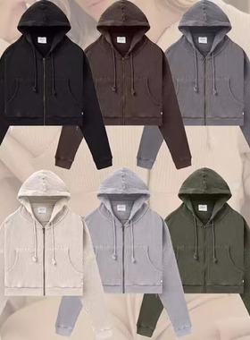 Morningoolala YLA美式复古华夫格连帽卫衣瑜伽运动健身短款外套