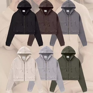 Morningoolala YLA美式复古华夫格连帽卫衣瑜伽运动健身短款外套